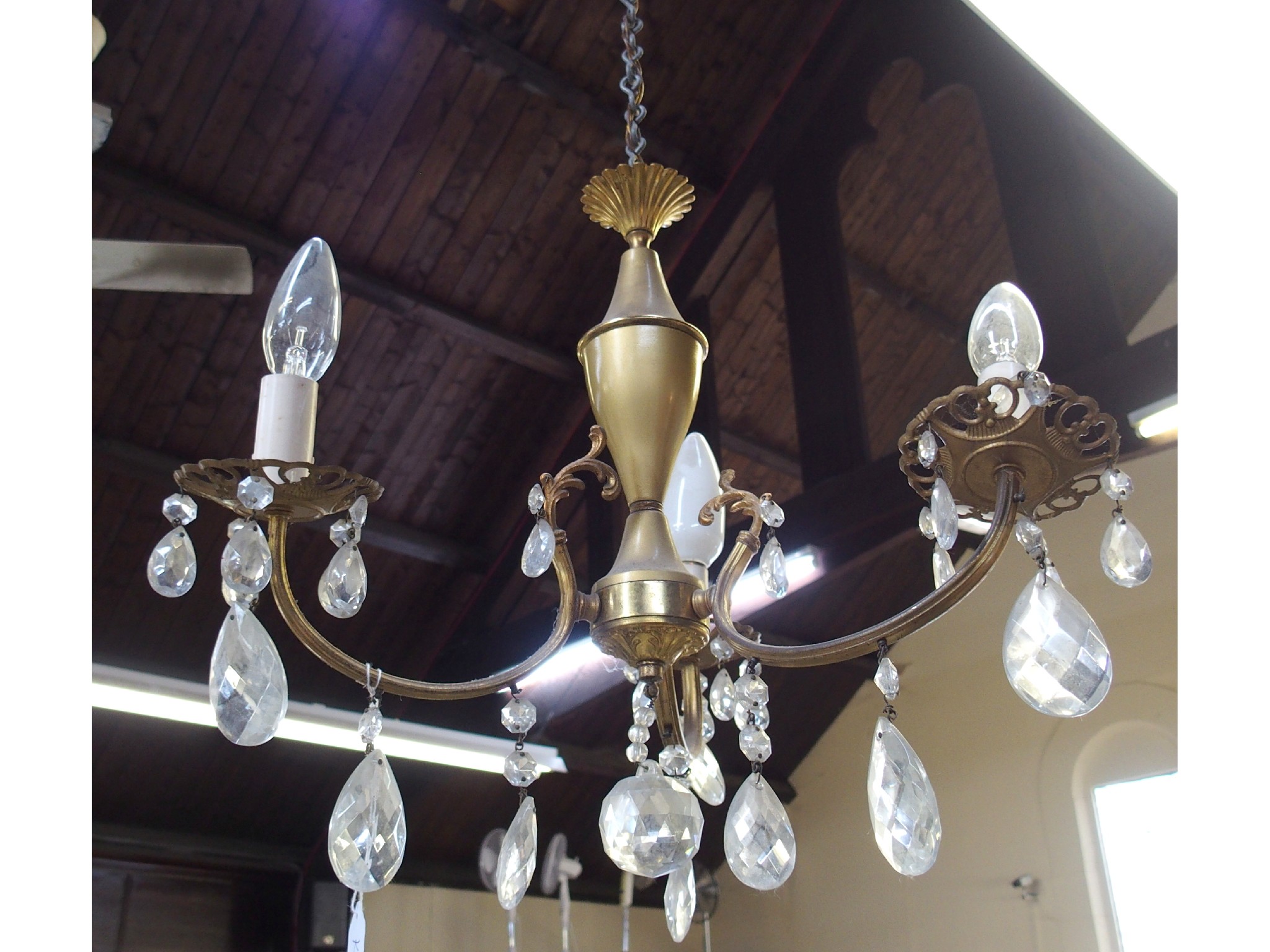 Appraisal: Pair of three arm chandeliers with crystal drops