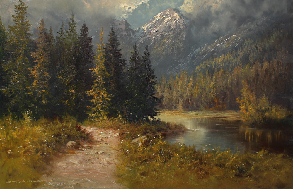 Appraisal: J H THOMAS ALPINE RIVER LANDSCAPE PAINTING Oil Canvas ''