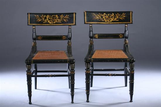 Appraisal: PAIR AMERICAN EBONIZED AND GILT DECORATED FANCY CHAIRS Early th