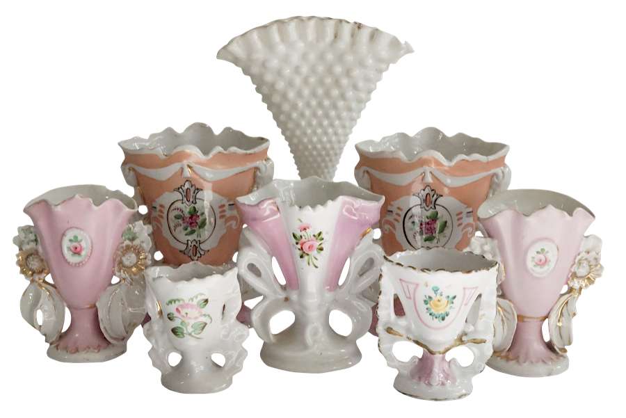 Appraisal: Seven Paris Porcelain Flower Vases and Milk Glass Vase Lot