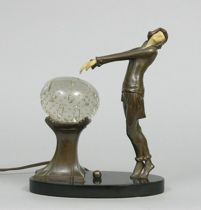 Appraisal: Deco Table Lamp with Figurine and Clear Bubble Ball ca