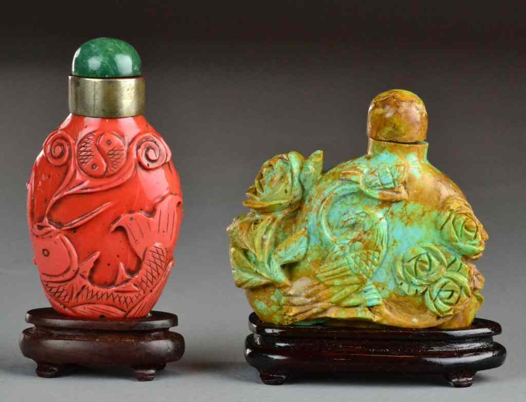 Appraisal: Chinese Turquoise Coral Snuff BottlesA red coral snuff bottle carved