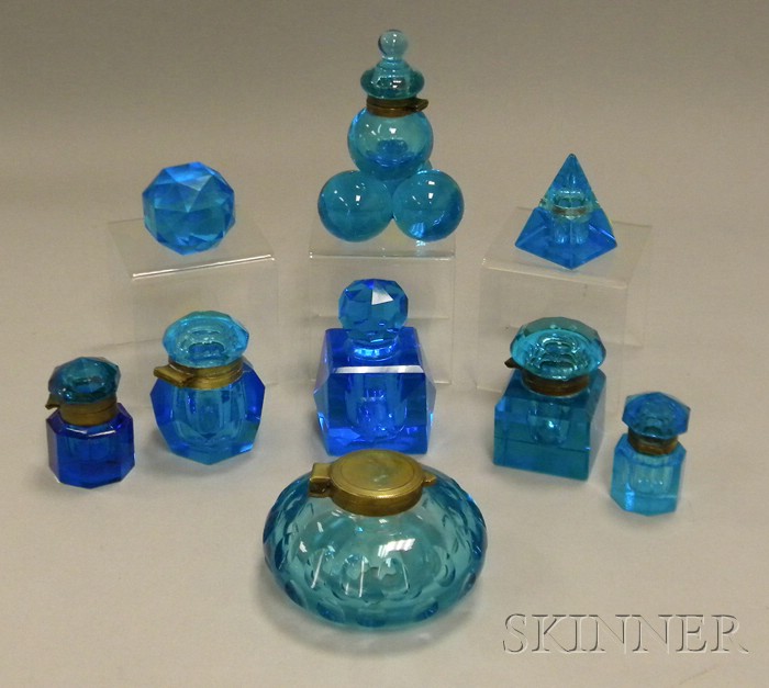 Appraisal: Eight Assorted th and th Century Blue Glass Inkwells and