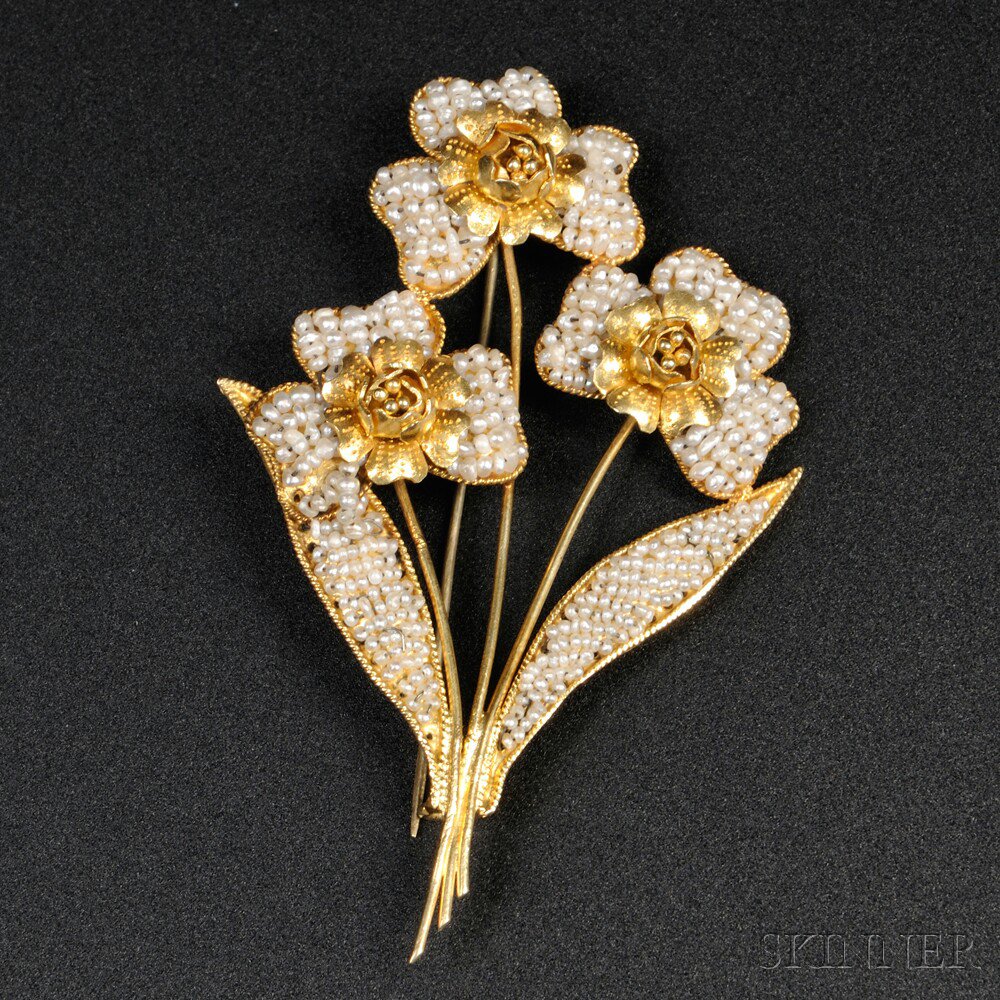 Appraisal: Iranian Gold and Seed Pearl Brooch contemporary floral form lg