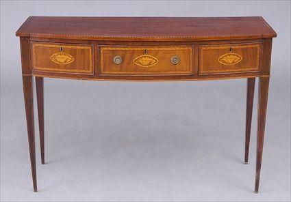 Appraisal: GEORGE III-STYLE INLAID MAHOGANY BOWED BREAKFRONT SIDEBOARD The line-inlaid top