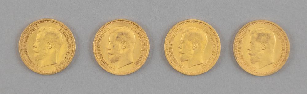 Appraisal: FOUR RUSSIAN NICHOLAS II ROUBLE GOLD COINS APPROX DWT FOUR