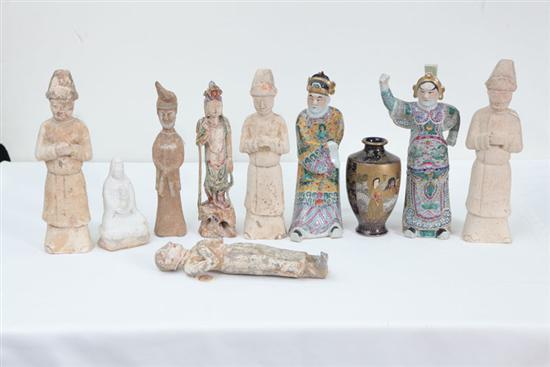 Appraisal: TEN ASIAN ITEMS Terra cotta figures h marble Buddha h