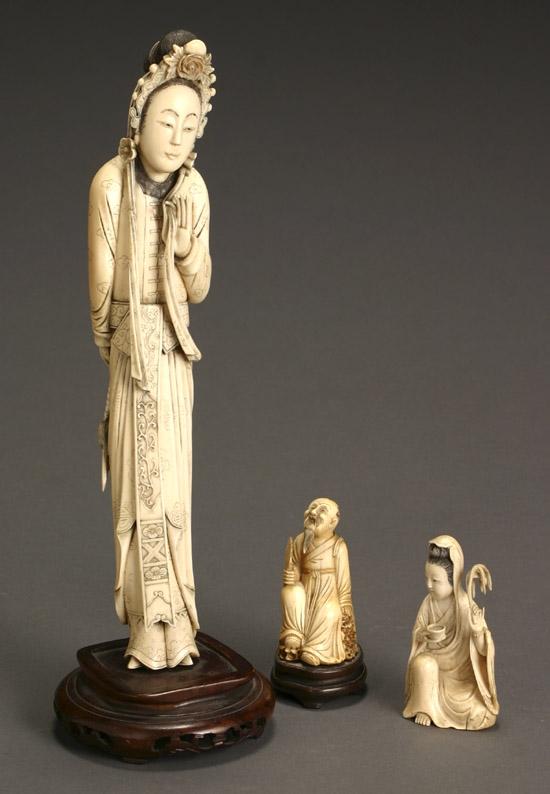 Appraisal: Three Chinese Ivory Carvings th Century Consisting of a standing