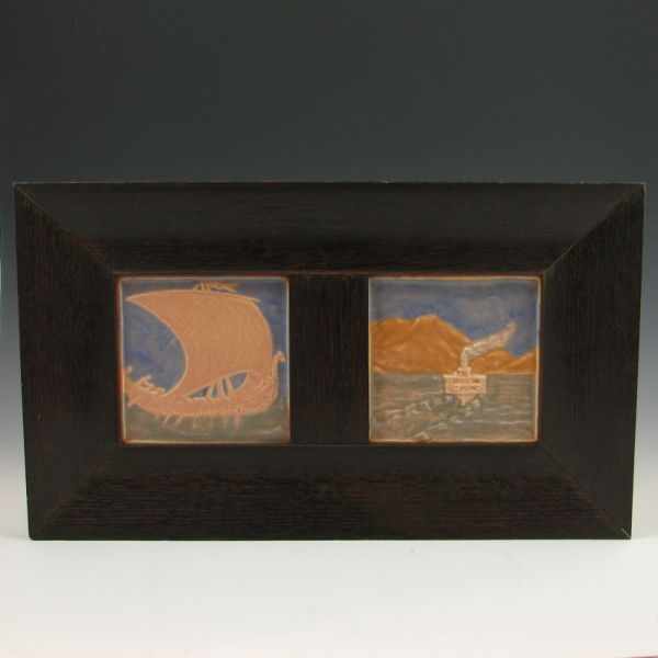 Appraisal: Cal Art scenic tiles of a Viking ship and steamliner