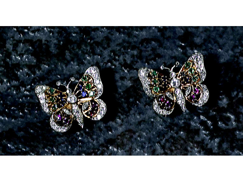 Appraisal: BUTTERFLY GEMSTONE EARRINGS Yellow gold pierced earrings with clip backs