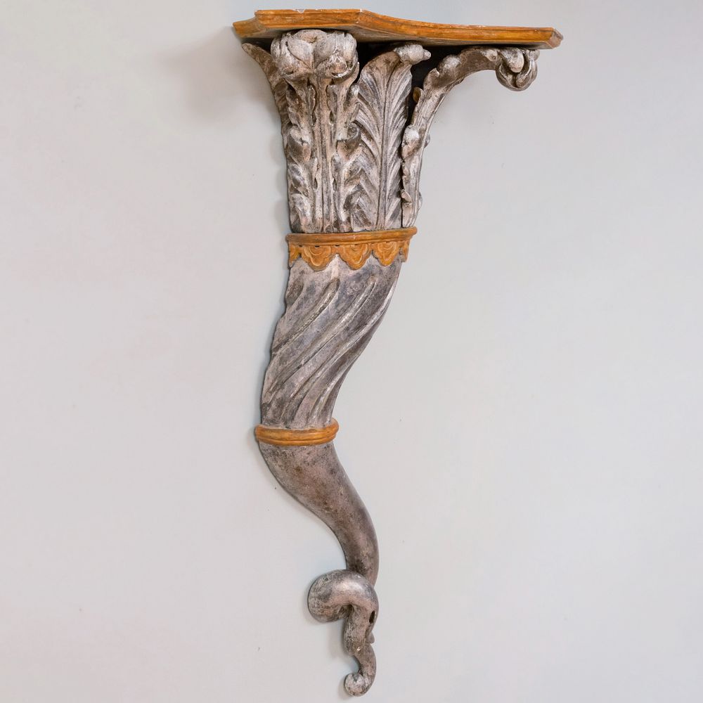 Appraisal: Large Continental Carved Silver-Leaf and Painted Whimsical Wall Bracket ft