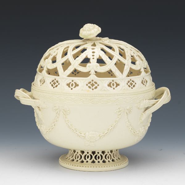 Appraisal: LEEDS CREAMWARE BASKET WITH COVER x Delicately potted creamware basket