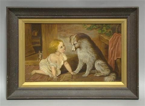 Appraisal: AMERICAN SCHOOL YOUNG CHILD WITH DOG Oil on canvas x