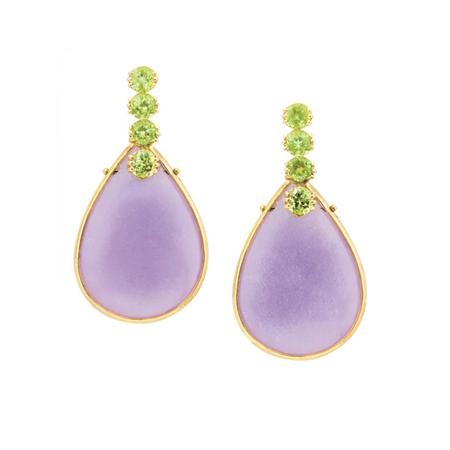 Appraisal: Pair of Gold Lavender Jade and Peridot Pendant-Earrings Estimate -