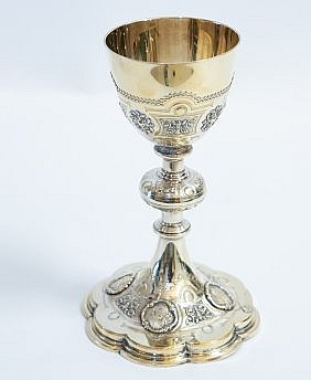 Appraisal: CONTINENTAL SILVER SILVER PLATE GILT CHALICEProbably Swiss The side of