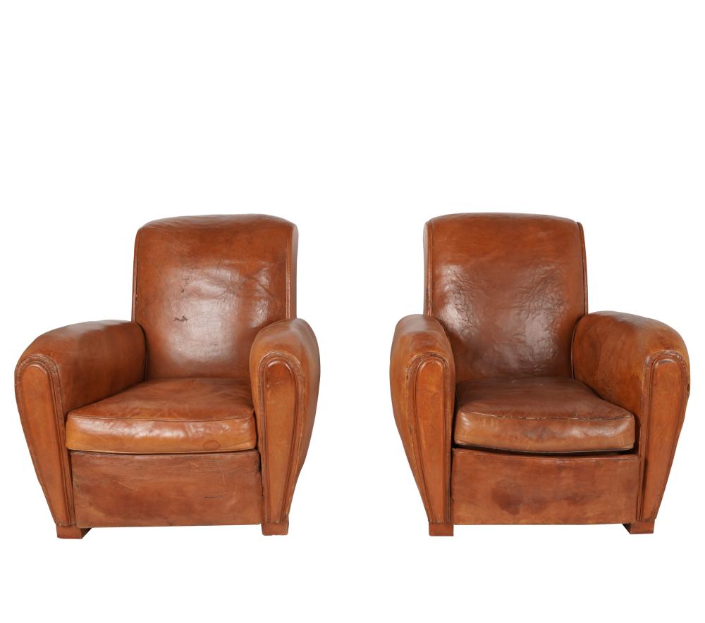 Appraisal: PAIR ART DECO BROWN LEATHER CLUB CHAIRSsecond quarter th century