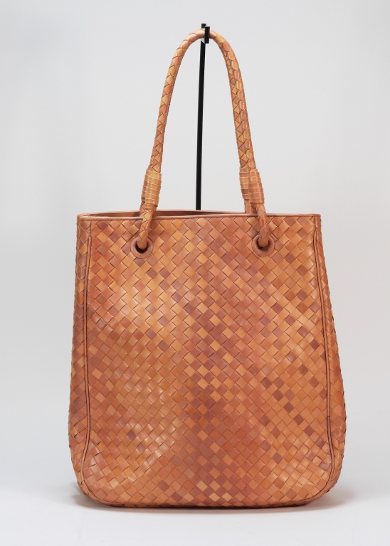 Appraisal: BOTTEGA VENETA TAN LEATHER BASKET WEAVE BAG Double handled bag