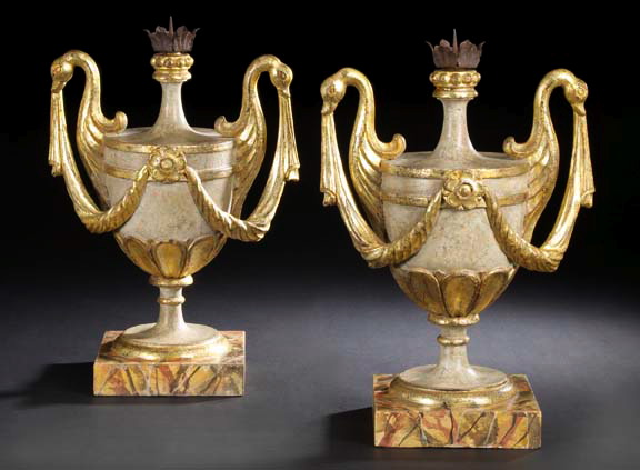 Appraisal: Large Pair of Italian Carved Parcel-Gilt and White-Painted Wood and