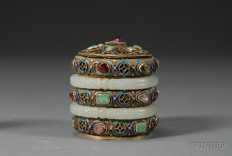 Appraisal: Jeweled Box China early th century gilt-silver with two jade