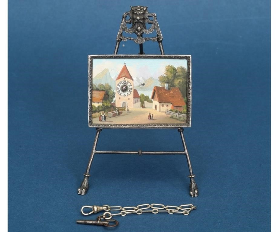 Appraisal: Small Continental silver picture frame clock with clock tower scene