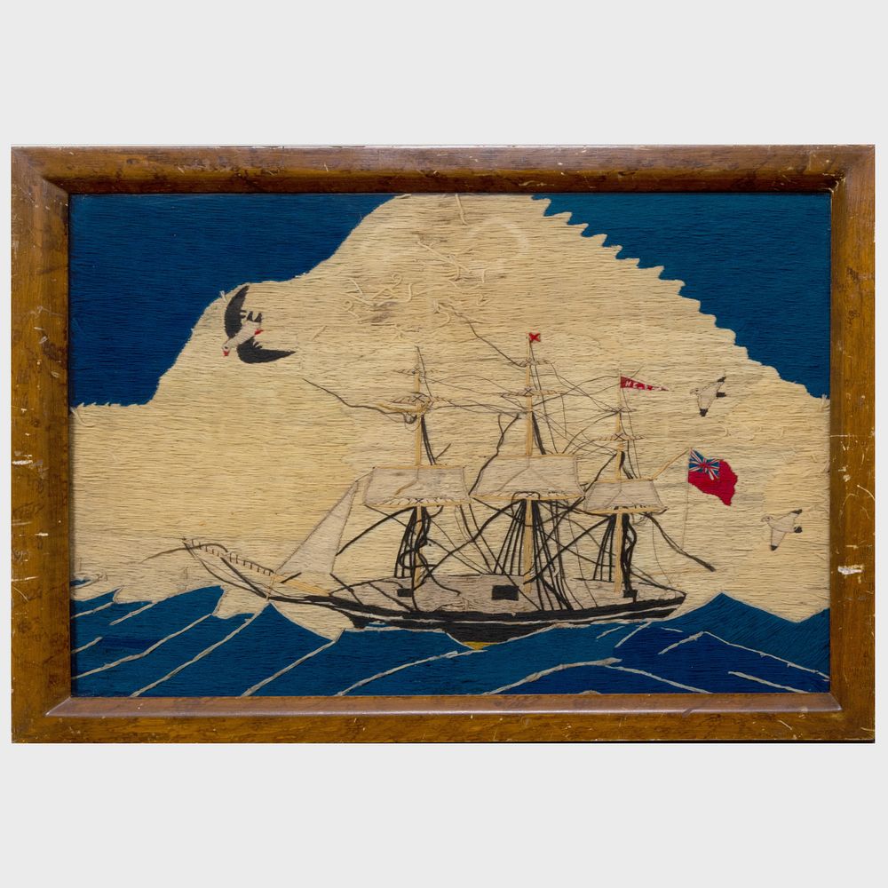 Appraisal: English Woolwork Picture of a Ship with Seagulls x in