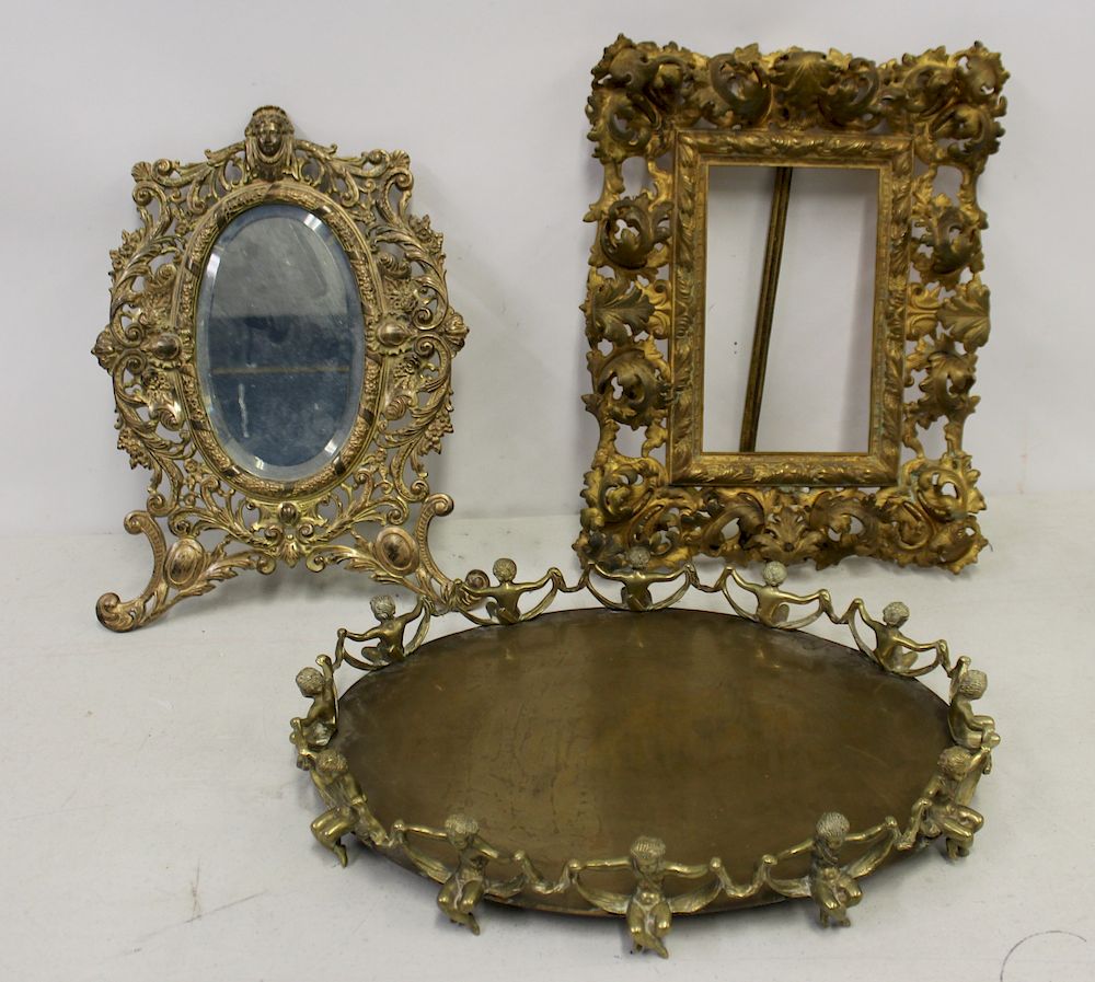 Appraisal: Antique Gilt Bronze Rococo Frame Antique Brass Mirror w x