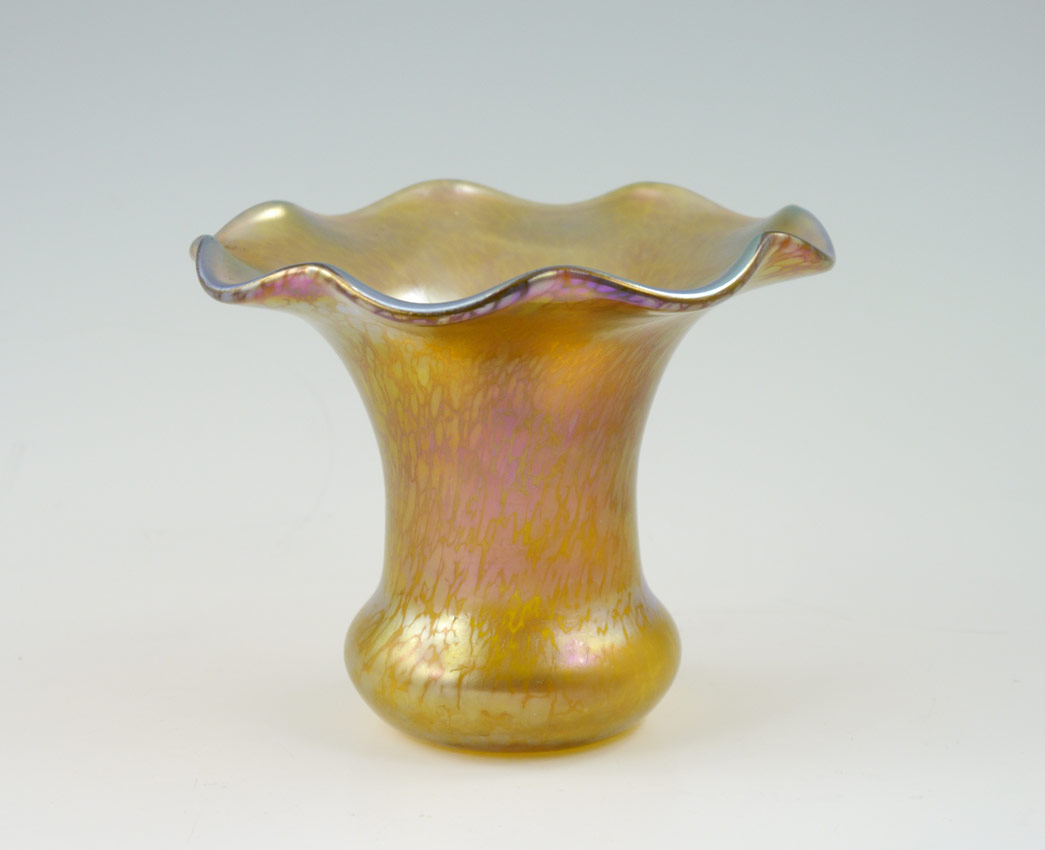 Appraisal: CZECHOSLOVAKIAN ART GLASS VASE attrib LOETZ Iridescent gold with flared