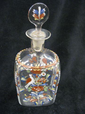 Appraisal: Stiegel Type Enameled Glass Decanter Pennsylvania Dutch bird floral tall