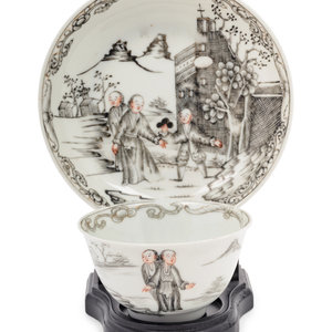 Appraisal: A Chinese Export 'Jesuit' En Grisaille Porcelain Teacup and Saucer