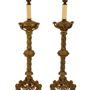 Appraisal: A Pair of Baroque Style Patinated Brass Pricket Sticks Mounted