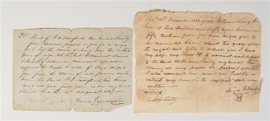 Appraisal: Two Slave Receipts and Handwritten receipts one for for a