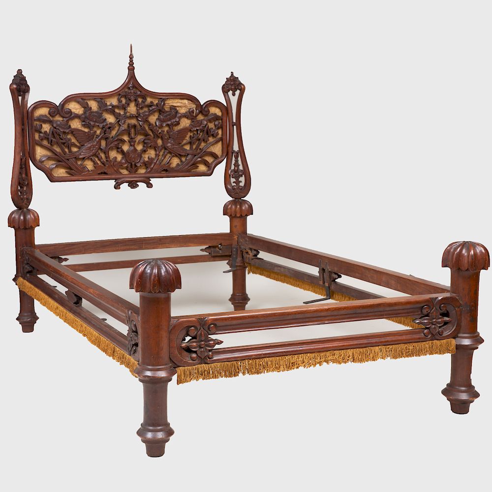 Appraisal: American Gothic Revival Walnut Bed The headboard fitted with a