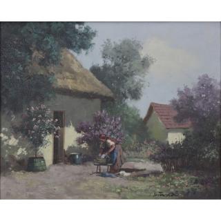 Appraisal: Hungarian School Oil on Canvas Painting Villager Tending Clothes near