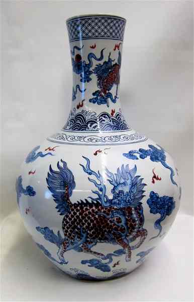 Appraisal: CHINESE PORCELAIN JAR-FORM LARGE VASE Stylized red and blue dragon