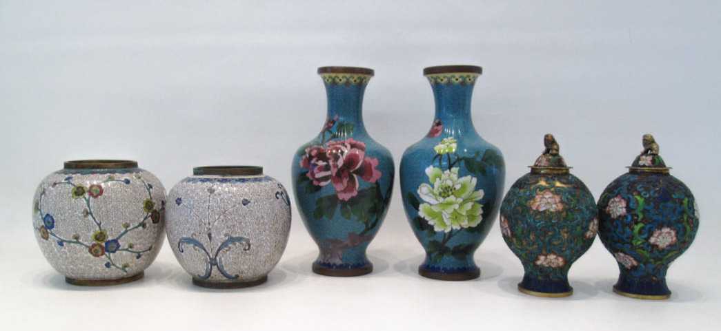 Appraisal: SIX CHINESE CLOISONNE VESSELS including two baluster form vases H