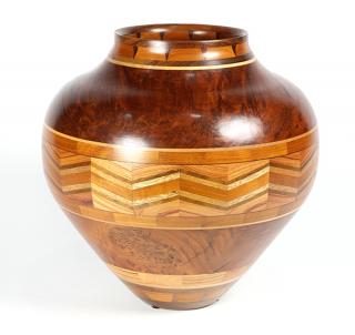 Appraisal: Warren Atkins wood turned and inlaid vessel Warren Atkins wood