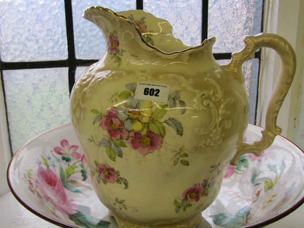 Appraisal: Lot comprising floral decorated handpainted basin and a pottery ewer