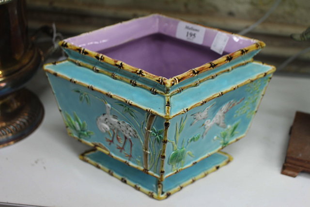 Appraisal: A GEORGE JONES MAJOLICA JARDINIERE of diamond form with blue