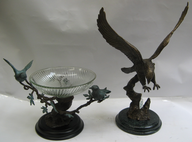 Appraisal: TWO METAL SCULPTURES One a brass eagle in flight on