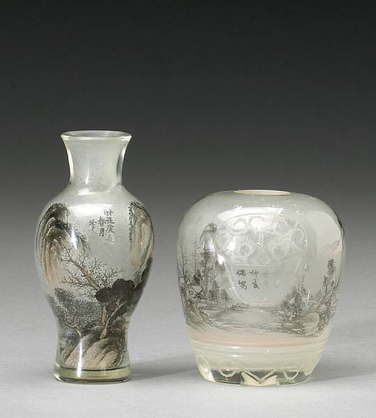 Appraisal: Two inside painted glass bottles The first of ovoid form