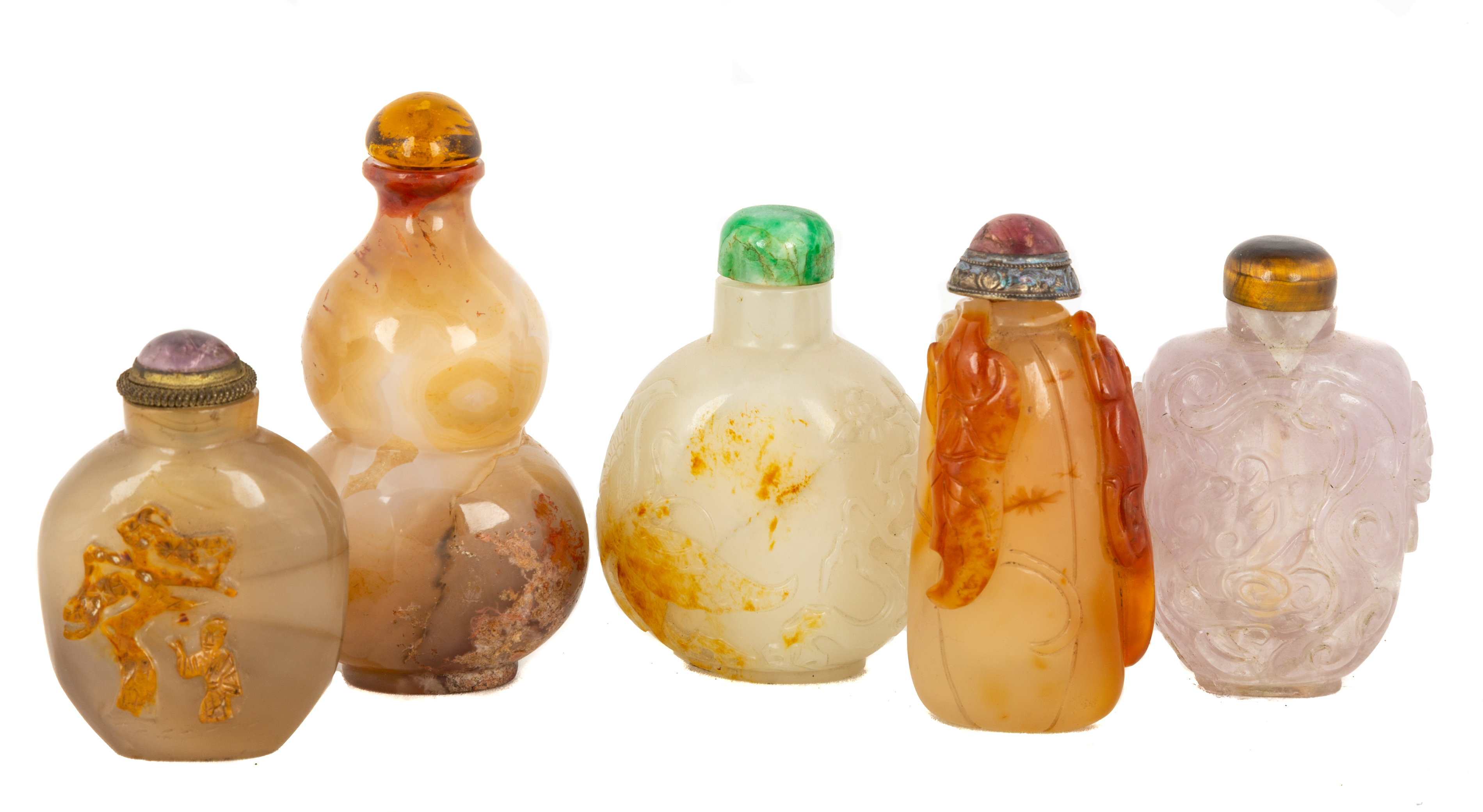 Appraisal: GROUP CHINESE CARVED JADE AND HARDSTONE SNUFF BOTTLES Group Chinese