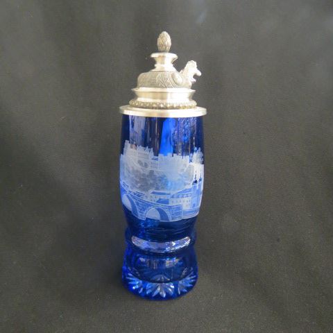 Appraisal: Cobalt Cut-to-Clear Stein etched castle scene pewter lid excellent