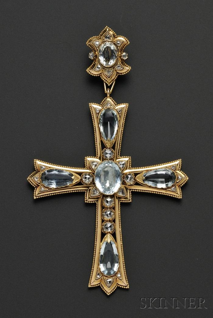 Appraisal: Large Antique kt Gold Aquamarine and Diamond Pendant Cross Mellerio