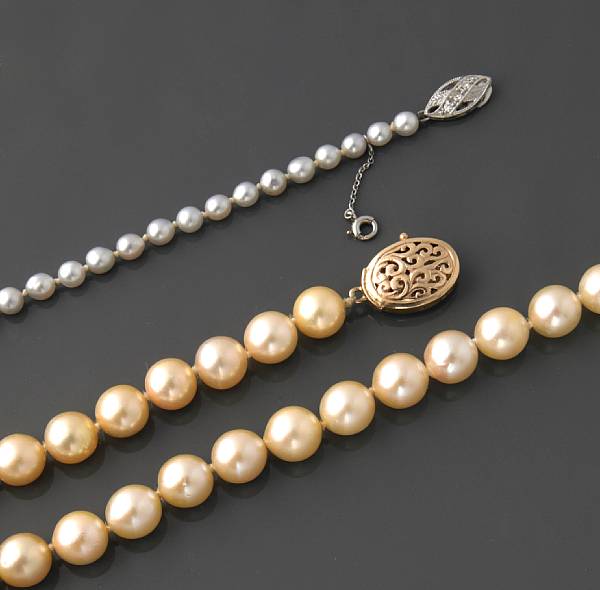 Appraisal: A collection of two strands of cultured pearls with a