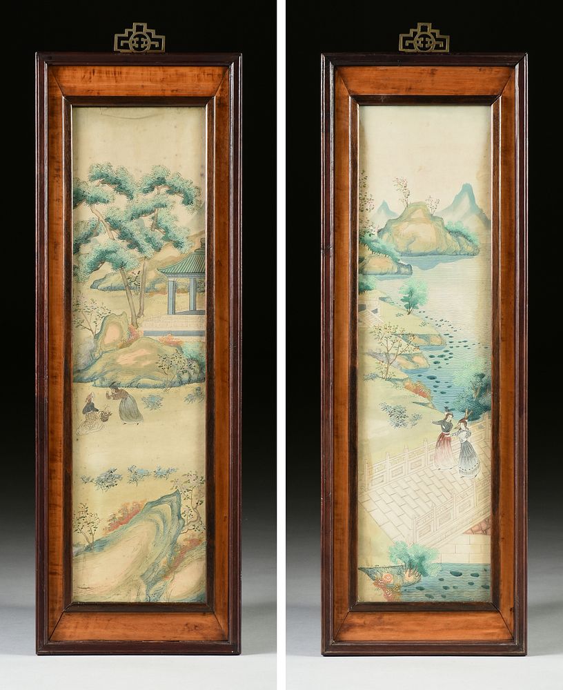 Appraisal: TWO JAPANESE EXPORT WATERCOLOR SCROLLS EUROPEAN LADIES AT LEISURE IN