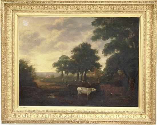 Appraisal: British school th century COWS IN PASTURE oil on canvas