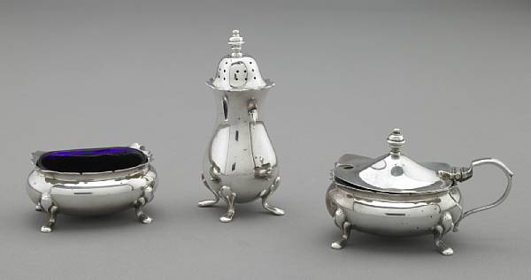 Appraisal: Silver and Silverplate Comprising two mustard pots with cobalt glass