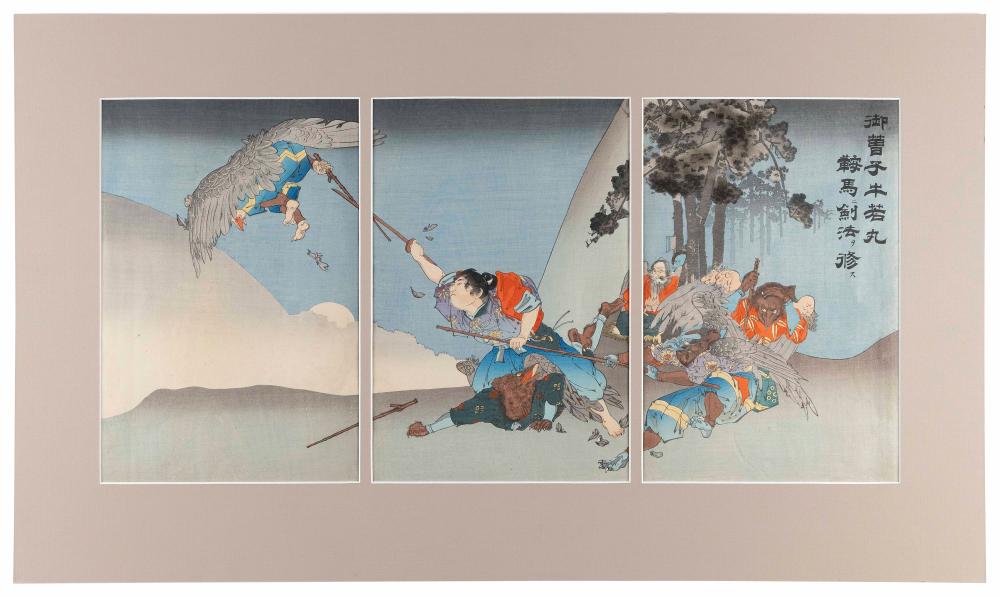 Appraisal: SCHOOL OF YOSHITOSHI JAPAN MEIJI ERA TRIPTYCH DEPICTING USHIWAKA PRACTICING