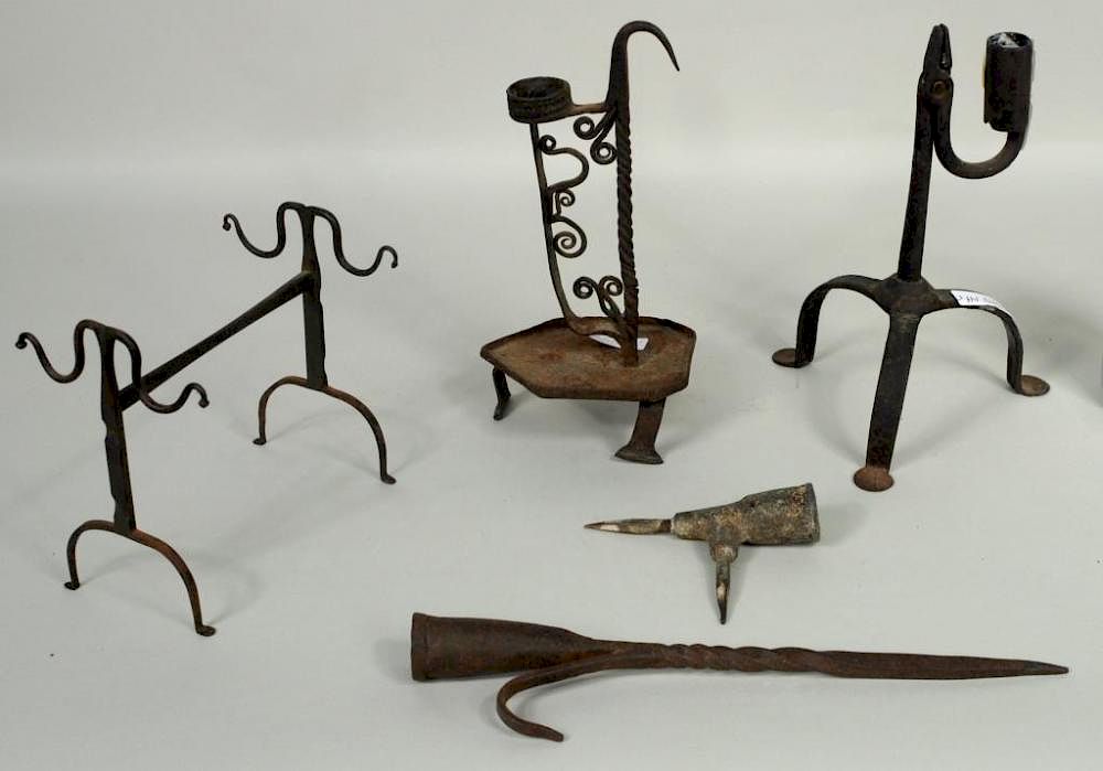 Appraisal: Five Early Wrought Iron Lighting Items Five early wrought iron