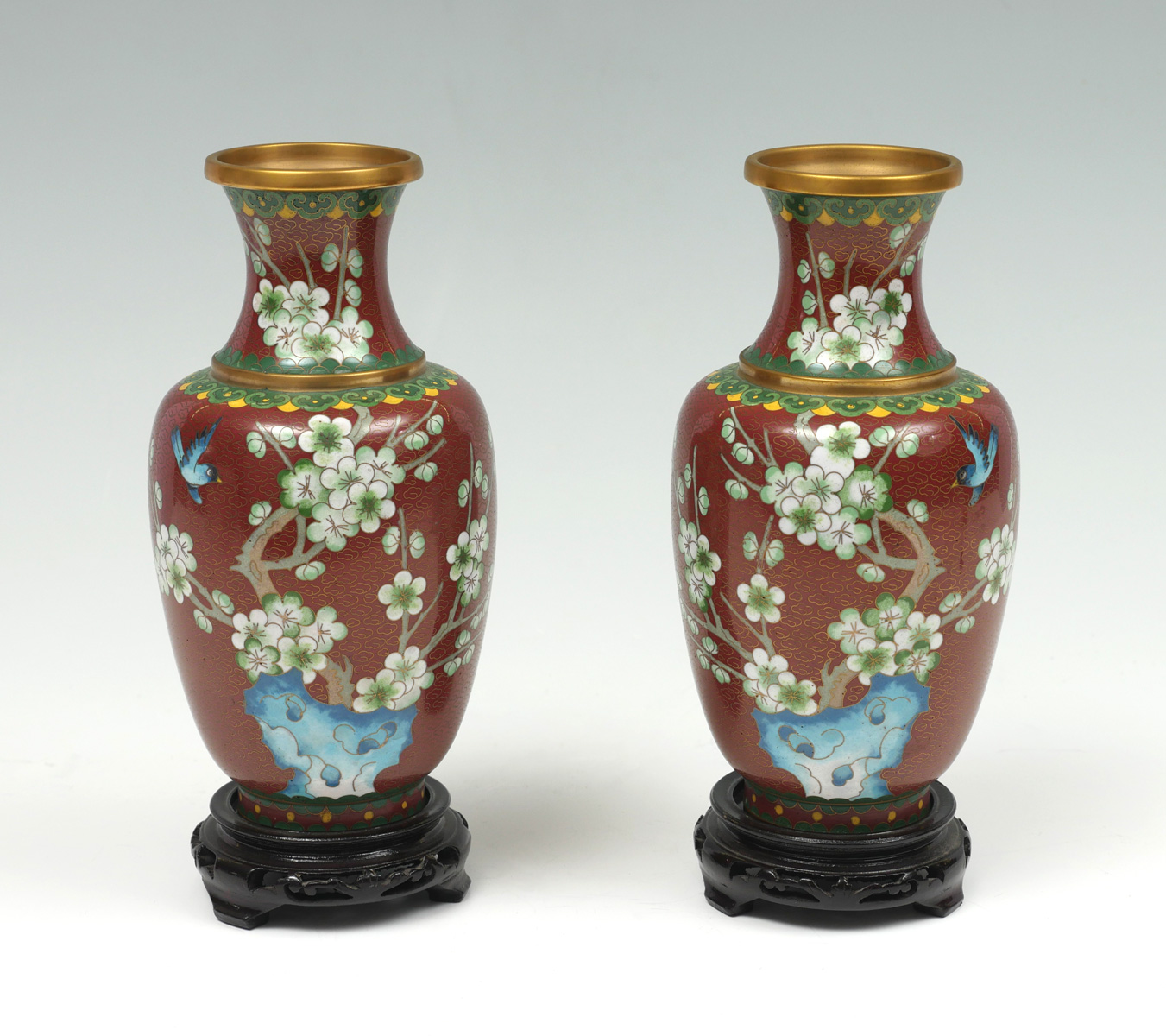 Appraisal: PAIR OF CLOISONNE VASES WITH STANDS - Opposing Chinese red